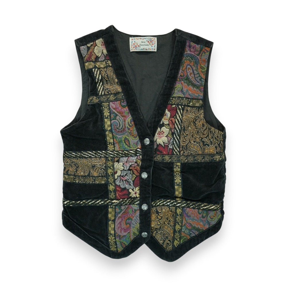 Vintage NEW DIRECTIONS Vest Velvet Tapestry Silver Gold Metallic Patchwork Small